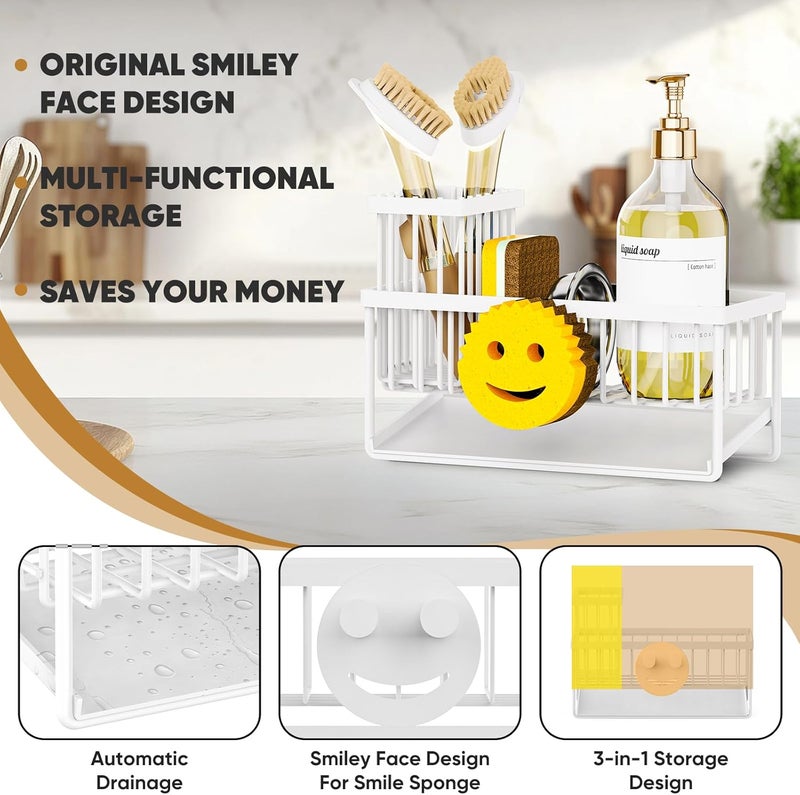 Taugast Sponge Holder for Kitchen Sink,Smiley Face Sink Caddy with Removable Brush Holder,Self-Draining Sponge Caddy for Soap,Dish Brush,Scrubber,Kitchen Essentials and Gadgets-White - Image 3